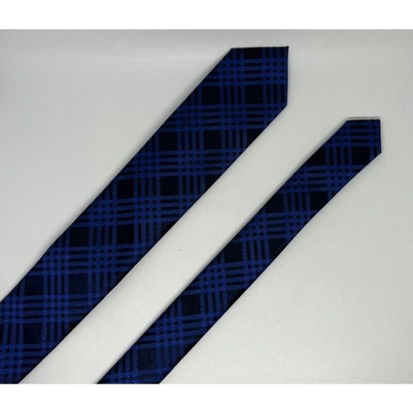 J Ferrar Men's Tie Slim,Skinny Necktie Blue And Black Plaid Blue Metallic Design - Picture 5 of 10